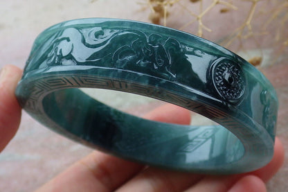 Certified Icy Green Burma 100% Natural A JADE Jadeite Dragon Phoenix Bangle Bracelet 58 mm 手镯 636336  TN