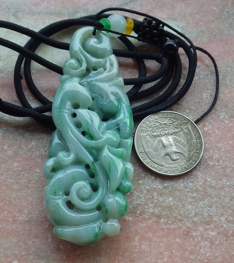 ertified Green Burma 100% Natural A Jade jadeite Pendant Dragon Pen Lotus Flower Necklace 生意兴隆 632975  TN