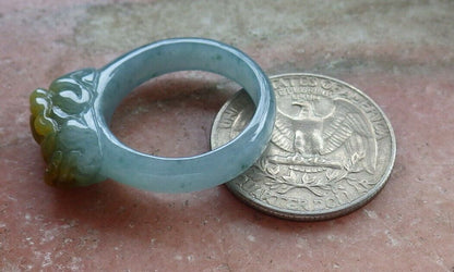 Certified Icy Yellow Green 100% Natural A JADE Jadeite Dragon Pi Xiu RING USA. 9.25 戒指 523838  TN