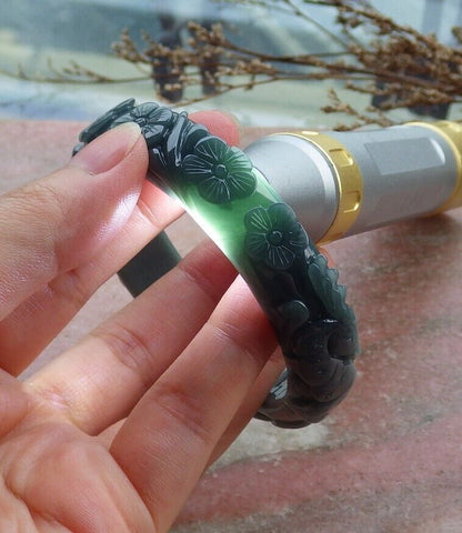 Certified Green Burma 100% Natural A JADE Jadeite Deer Lotus Flower Ruyi Coin Bangle Bracelet 56 mm 手镯 563759  TN