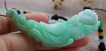 Certified Green Burma 100% Natural A Jade jadeite Pendant Phoenix Flower Ruyi Necklace 凤凰 636603  TN