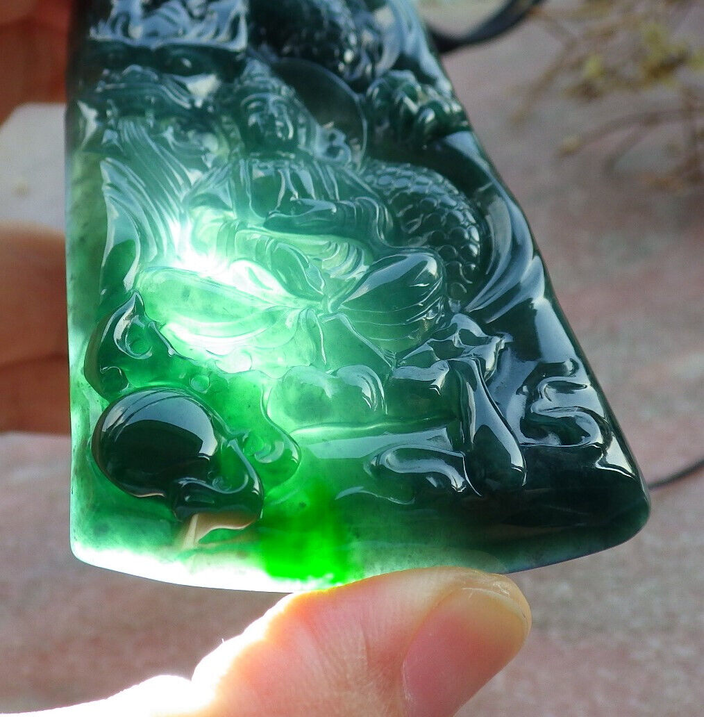Certified Icy Green Burma 100% Natural A Jade jadeite Pendant Guanyin Kwan Yin Dragon Necklace 观音633224  TN