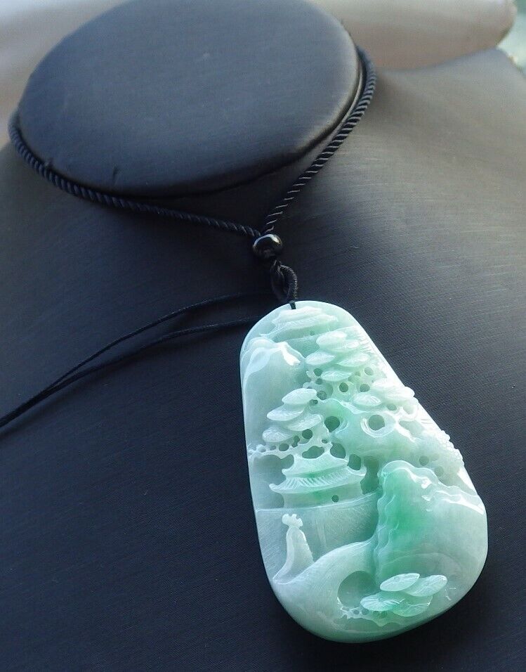 Certified Green 100% Natural A Jade jadeite Landscape painting Tree Necklace Necklace 山水画 519550  TN