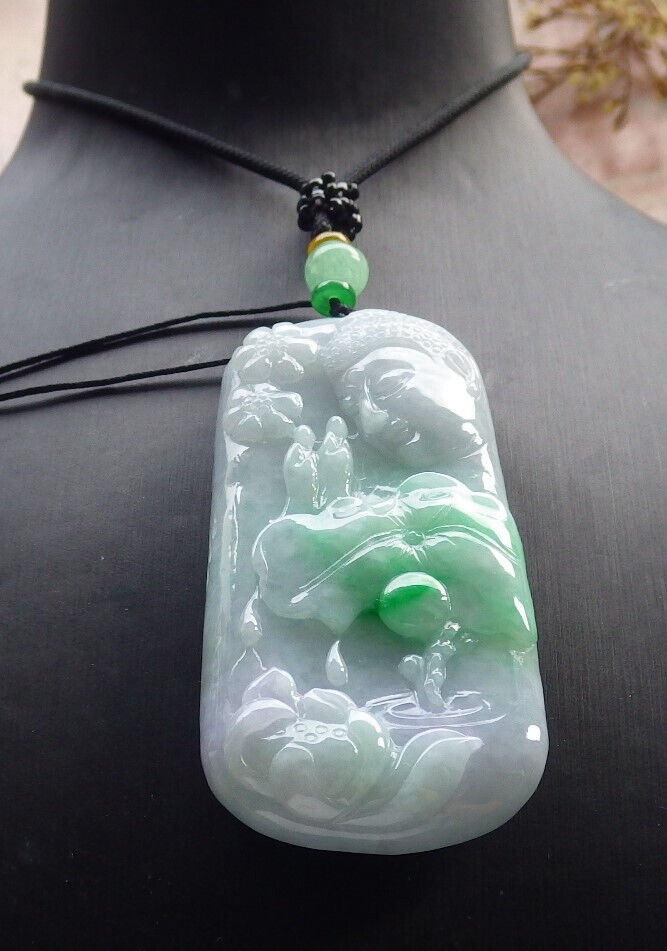 Certified Green Pale Lavender Burma 100% Natural A Jade jadeite pendant Sakyamuni Buddha God Lotus Flower Leaf Necklace 释迦牟尼 633589  TN