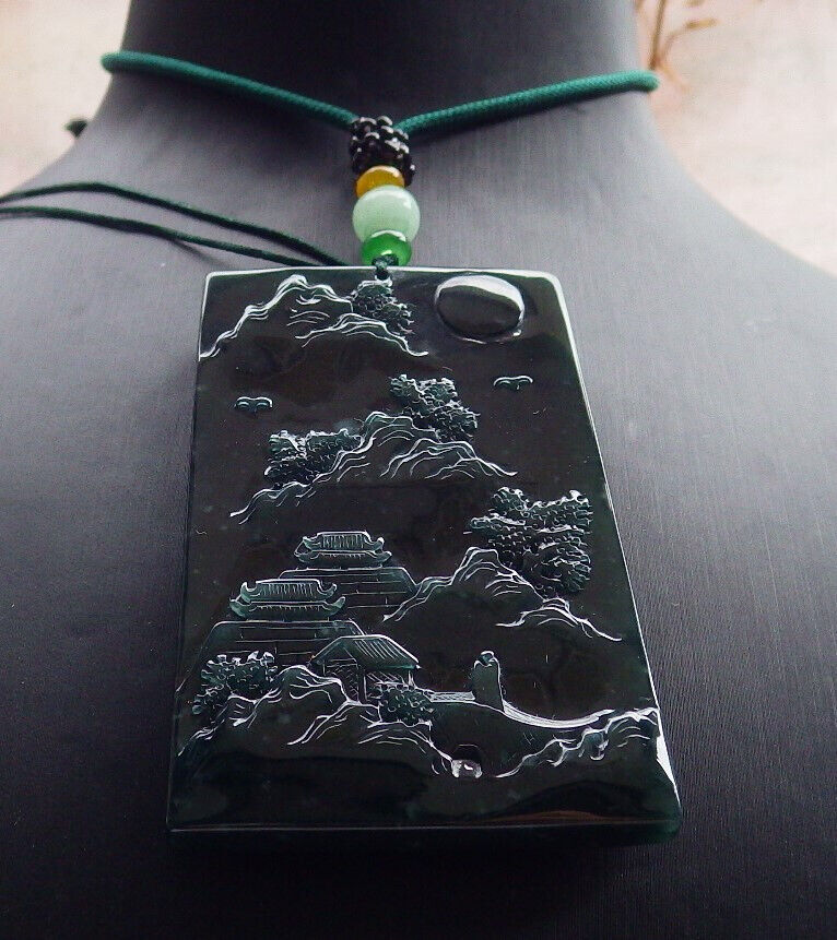 Atestita Glacia Blua Akvo Birmo 100% Natura A Jadejadeito Pendanta Pejzaĝa Pentrado Arba Koliero 山水画 634473 TN