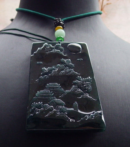 Atestita Glacia Blua Akvo Birmo 100% Natura A Jadejadeito Pendanta Pejzaĝa Pentrado Arba Koliero 山水画 634473 TN