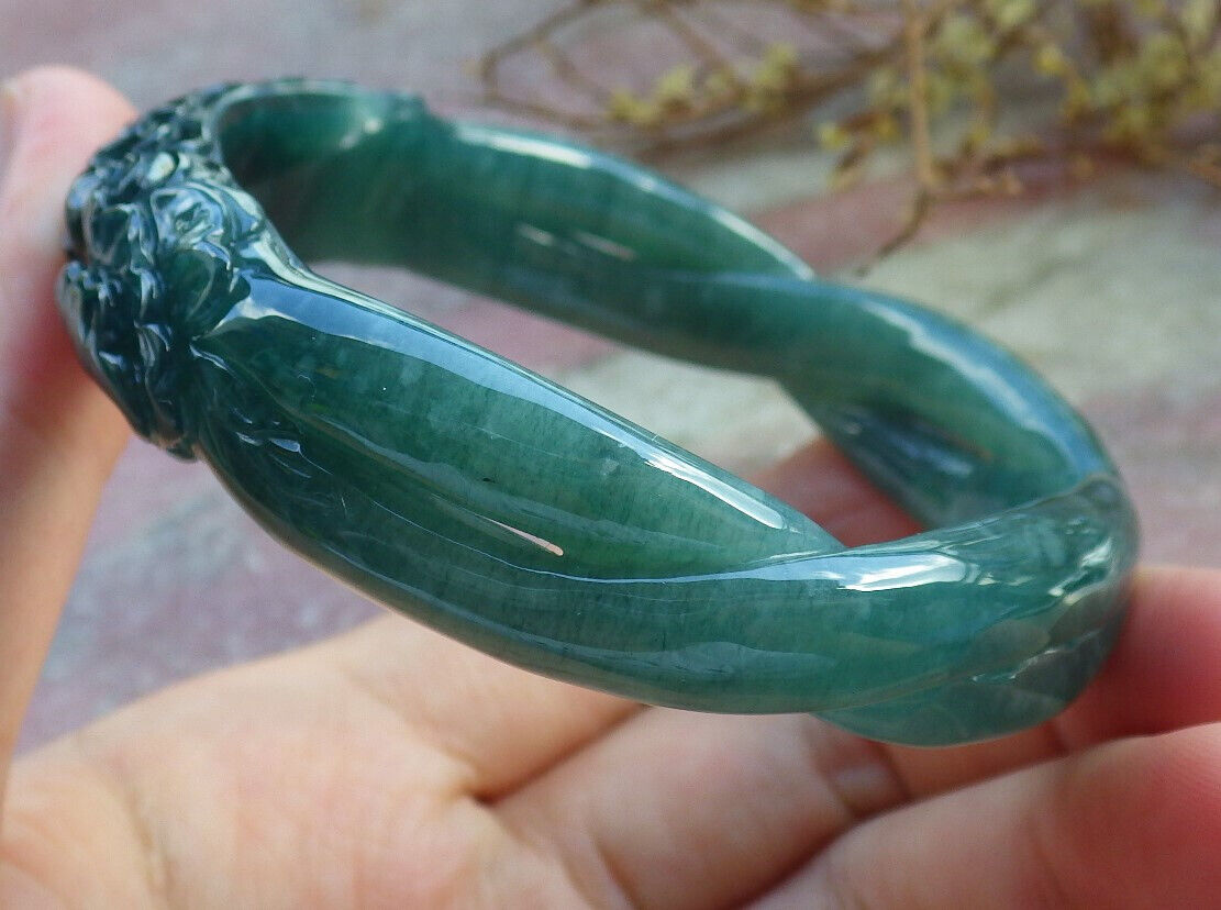 Certified Icy Blue Water Green Burma 100% Natural A JADE Jadeite Flower Knotted Bangle Bracelet 56.5 mm 手镯 632789  TN