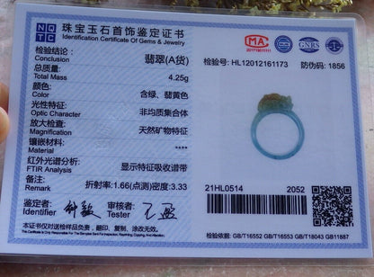 Certified Icy Yellow Green 100% Natural A JADE Jadeite Dragon Pi Xiu RING USA. 9.25 戒指 523823  TN