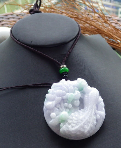 Certified Green Pale Lavender 100% Natural A Jade jadeite Pendant Phoenix Peacock Flower Circle Necklace 孔雀 520800 **TN