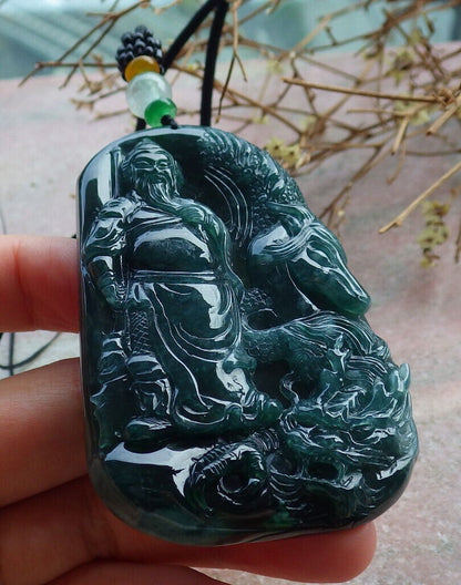 Certified Icy Green Burma 100% Natural A Jade jadeite pendant Guan Gong God Dragon Horse Sword Necklace 关公 635214  TN