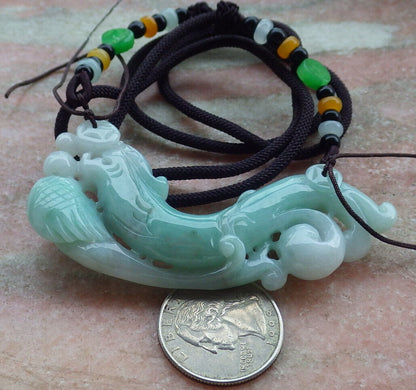 Certified Green Burma 100% Natural A Jade jadeite Pendant Dragon Phoenix Coin Necklace 龙凤 637014  TN