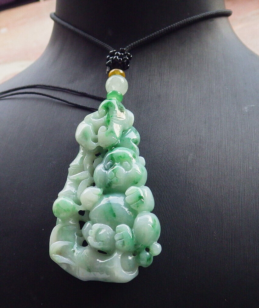Certified Green Burma 100% Natural A Jade jadeite Pendant Panda Bamboo Ruyi Necklace 熊猫 633295  TN
