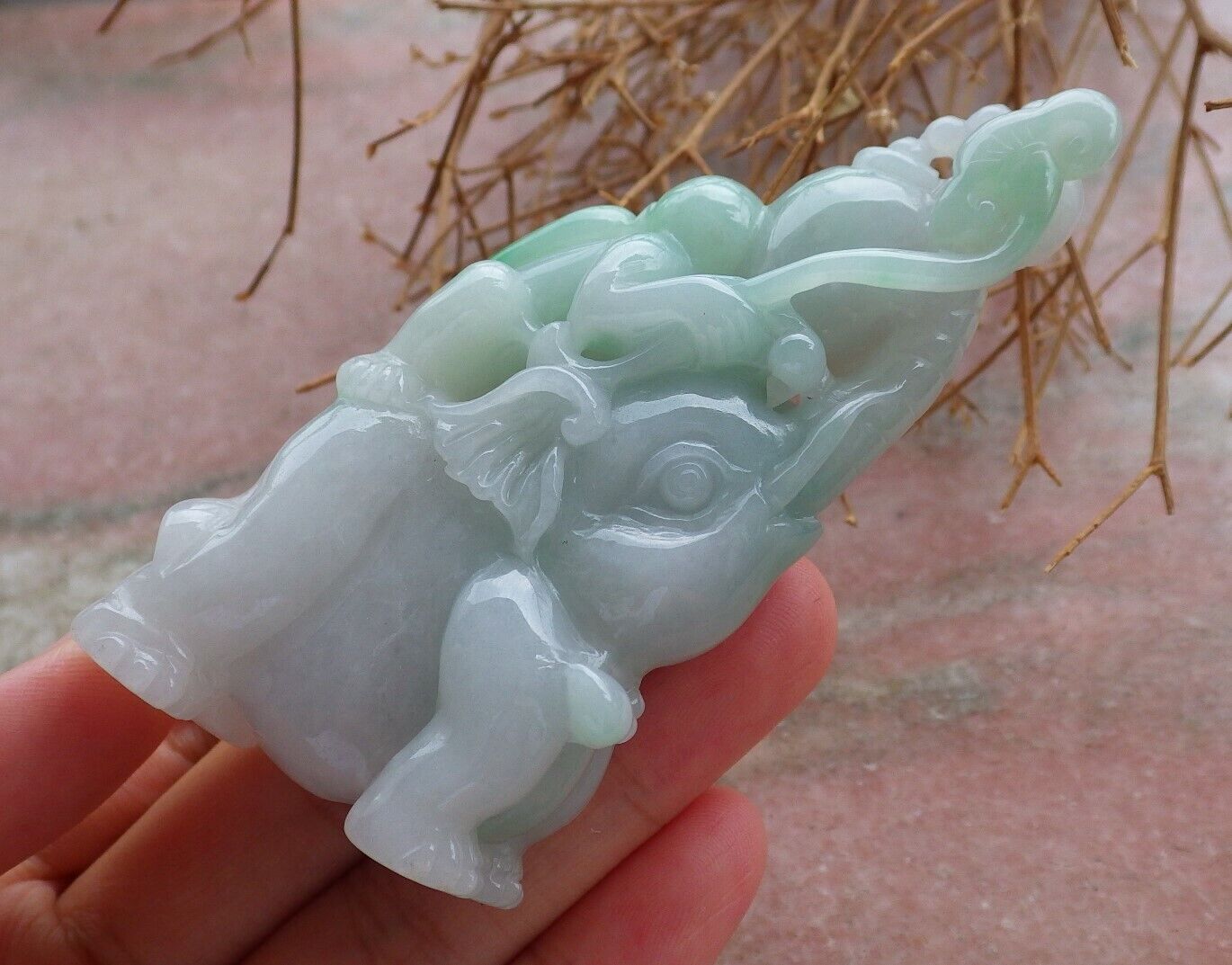 Certified Green 100% Natural A Jade jadeite Display Elephant Monkey Lotus Flower Ruyi Necklace 封侯拜相 521119 *TN* Include woodstand