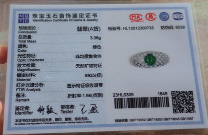Certified Icy Green silver 0.925 Burma 100% Natural A JADE Jadeite Cabochon RING USA 10.75 戒指 645789 TN