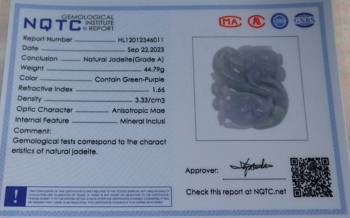 Certified Lavender Green Burma 100% Natural A Jade jadeite Pendant Fish Yuan Bao Necklace 年年有余 634285  TN