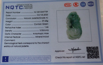 Certified Green Burma 100% Natural A Jade jadeite Pendant Phoenix Ruyi Coin Necklace 凤凰 635433  AS
