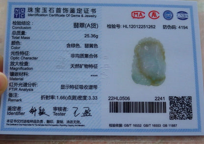 Certified Green Yellow Burma 100% Natural A Jade jadeite Pendant Bat Lotus Leaf Necklace 蝙蝠 575048 TN