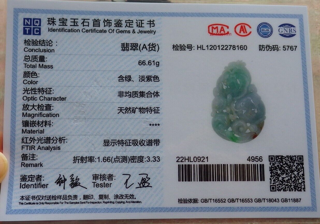Certified Red Green Burma 100% Natural A Jade jadeite Pendant Dragon Turtle Coin Lotus Flower Ruyi Necklace 龙龟 575114 TN