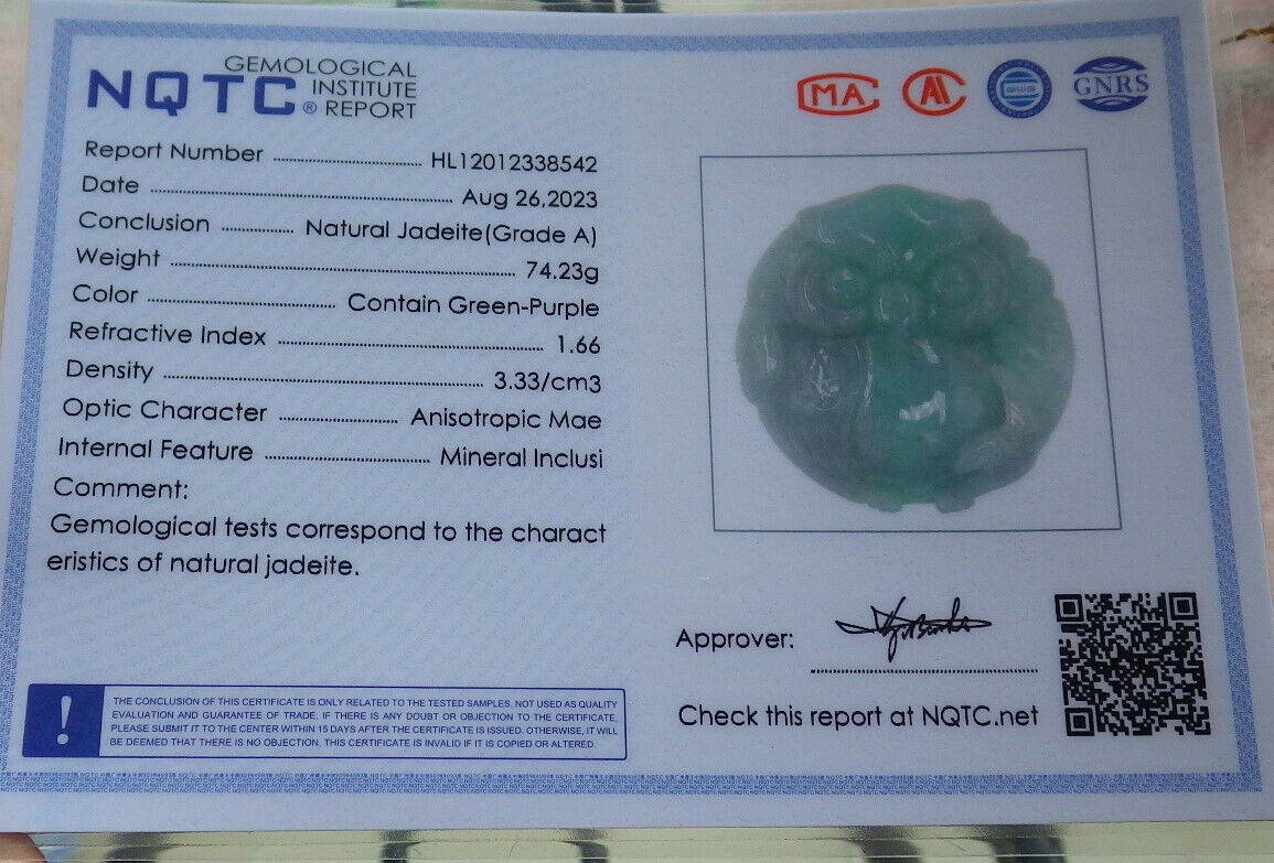 Certified Green Burma 100% Natural A Jade jadeite Pendant Owl Ruyi Necklace 猫头鹰 633397  TN