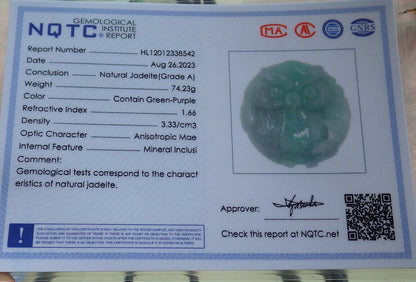 Certified Green Burma 100% Natural A Jade jadeite Pendant Owl Ruyi Necklace 猫头鹰 633397  TN