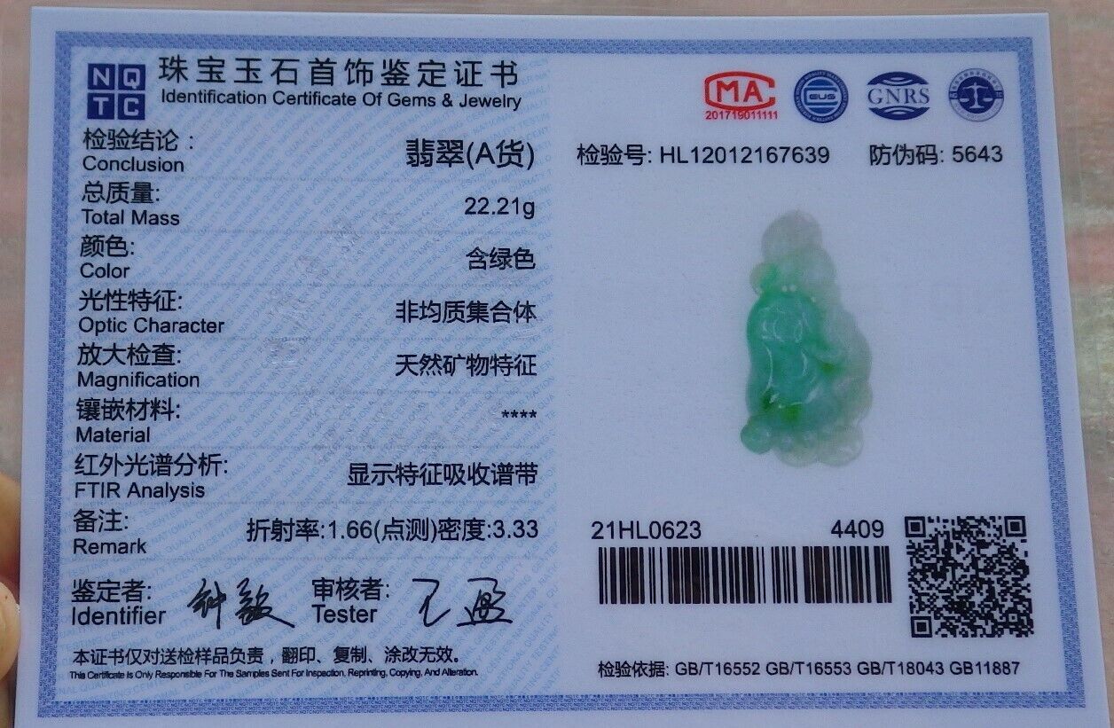 Certified Green 100% Natural A Jade jadeite Pendant Frog Toad Coin Ruyi Necklace 金蟾 528205  TN