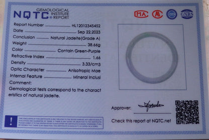 Certified Green Lavender Burma 100% Natural A JADE Jadeite Bangle Bracelet 56 mm 手镯 636071  TN