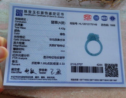 Certified Icy Green 100% Natural A JADE Jadeite Dragon Pi Xiu RING USA. 7.25 风水貔貅戒指 530069  TN