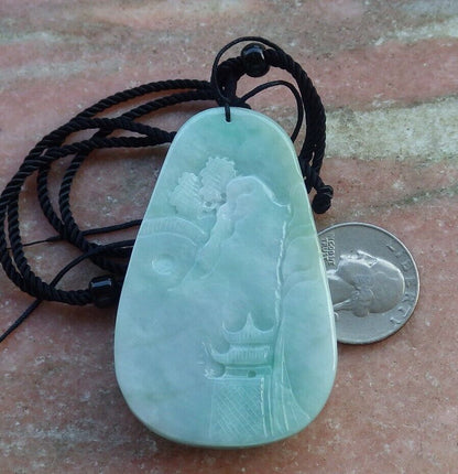 Certified Green 100% Natural A Jade jadeite Landscape painting Tree Necklace Necklace 山水画 519550  TN