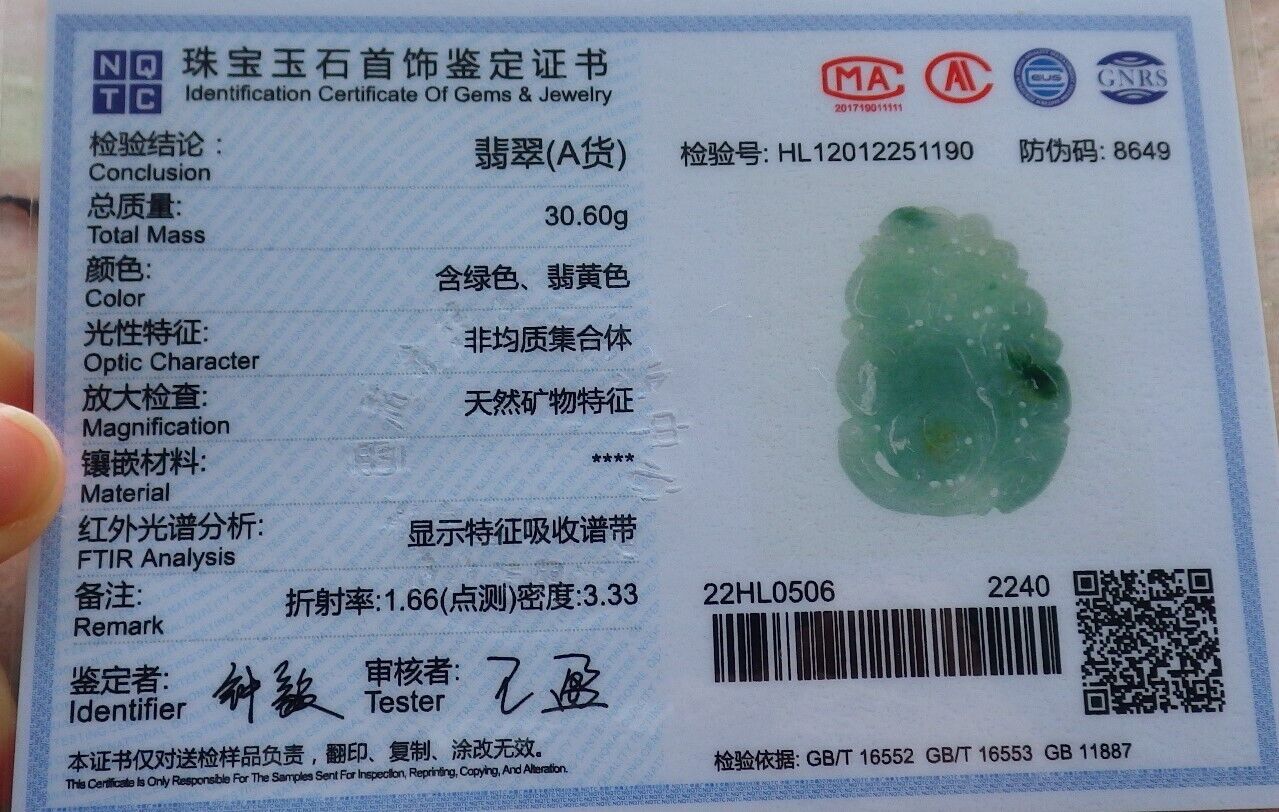 Certified Green Burma 100% Natural A Jade jadeite Pendant Frog Toad Coin Ruyi Necklace 招财蟾 574748 TN