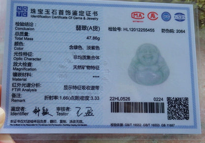 Certified Green Pale Lavender Burma 100% Natural A Jade jadeite pendant Happy Buddha God Necklace 开心佛 574390 TN