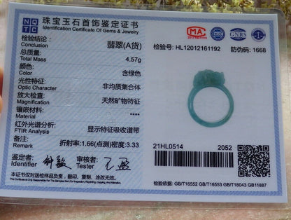 Certified Icy Green 100% Natural A JADE Jadeite Dragon Pi Xiu RING USA. 8.75 戒指 523767  TN