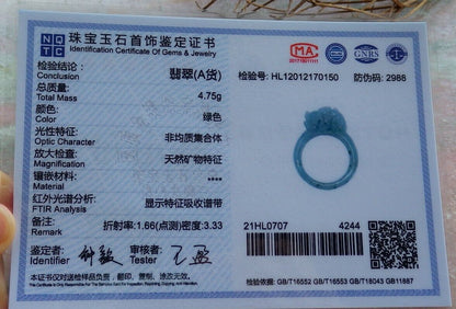 Certified Icy Green 100% Natural A JADE Jadeite Dragon Pi Xiu RING USA. 6.5 风水貔貅戒指 530062  TN