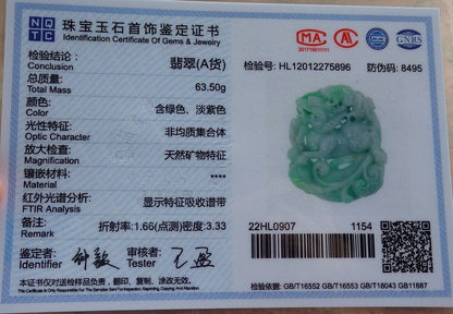 Certified Green Burma 100% Natural A Jade jadeite Pendant Dragon Kai Lun Frog Toad Necklace 574011 TN