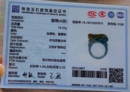 Certified Yellow Icy Green Burma 100% Natural A JADE Jadeite Monkey Coin RING USA. 10 戒指 574078 TN
