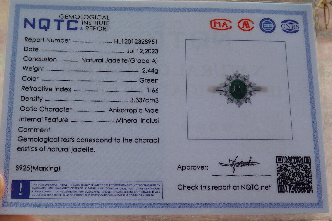 Certified Icy Green silver 0.925 Burma 100% Natural A JADE Jadeite Cabochon RING USA 7.75 戒指 635512  TN