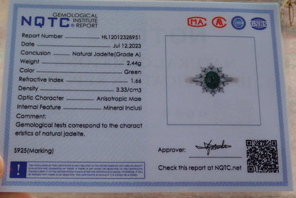 Certified Icy Green silver 0.925 Burma 100% Natural A JADE Jadeite Cabochon RING USA 7.75 戒指 635512  TN