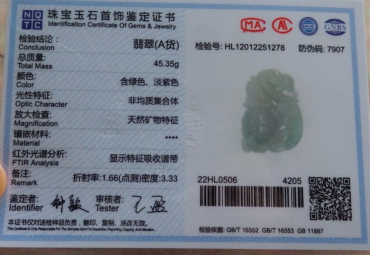 Certified Icy Green Pale Lavender Burma 100% Natural A Jade jadeite Pendant Dragon Turtle Ruyi Coin Necklace 龙龟 574488 TN
