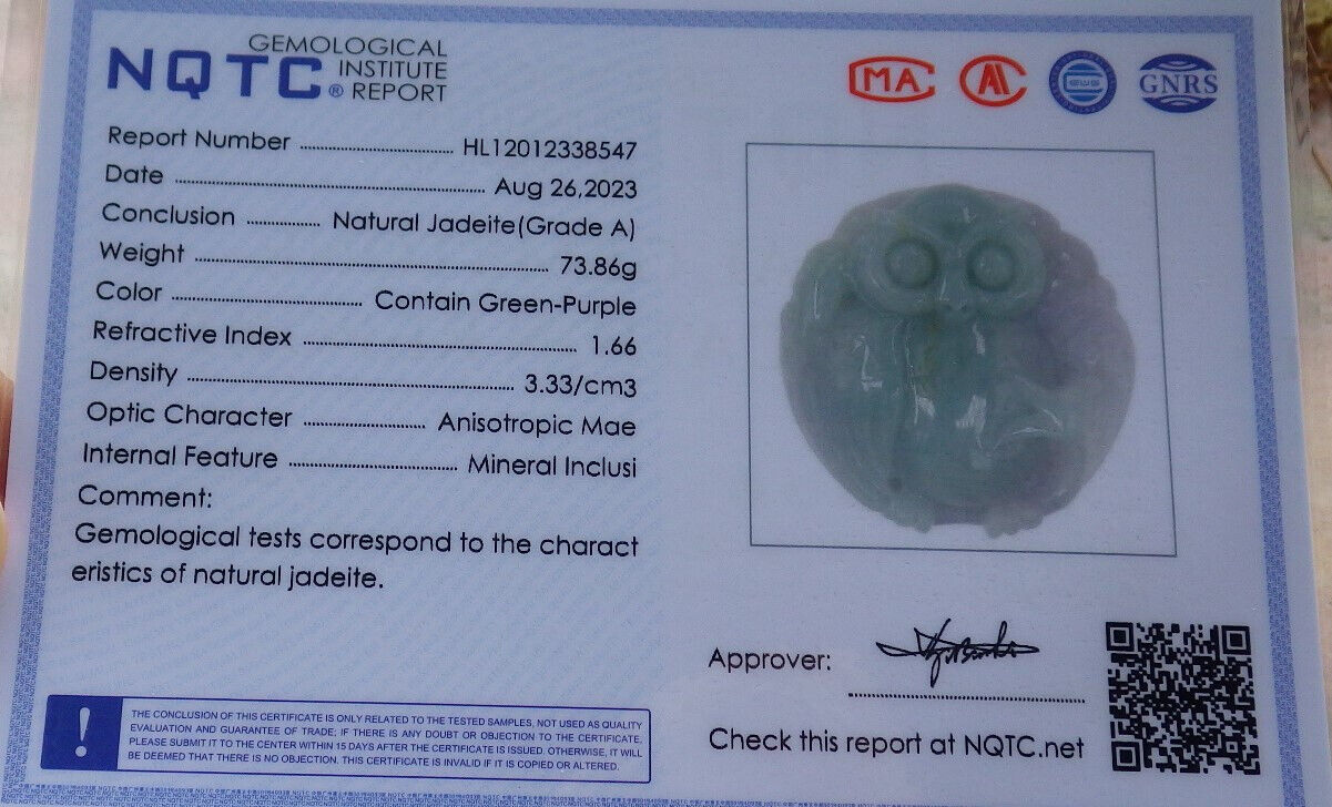 Atestita Verda Pala Lavenda Birmo 100% Natura A Jadejadeita Pendanta Strigo Ruyi-Koliero 猫头鹰 632551 TN