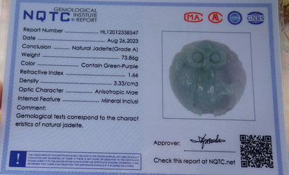 Atestita Verda Pala Lavenda Birmo 100% Natura A Jadejadeita Pendanta Strigo Ruyi-Koliero 猫头鹰 632551 TN