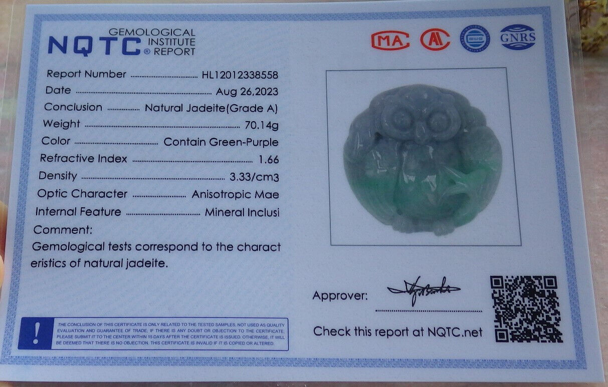Certified Green Pale Lavender Burma 100% Natural A Jade jadeite Pendant Owl Lotus Flower Ruyi Necklace 猫头鹰 632902  TN