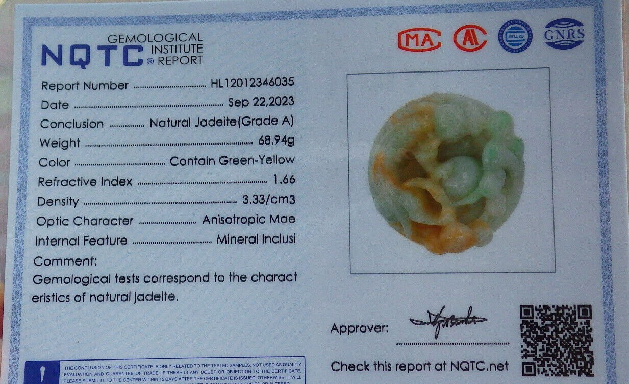Certified Yellow Green Burma 100% Natural A Jade jadeite Pendant Dragon Pi Xiu Money Coin Ruyi Necklace 风水貔貅 634127  TN