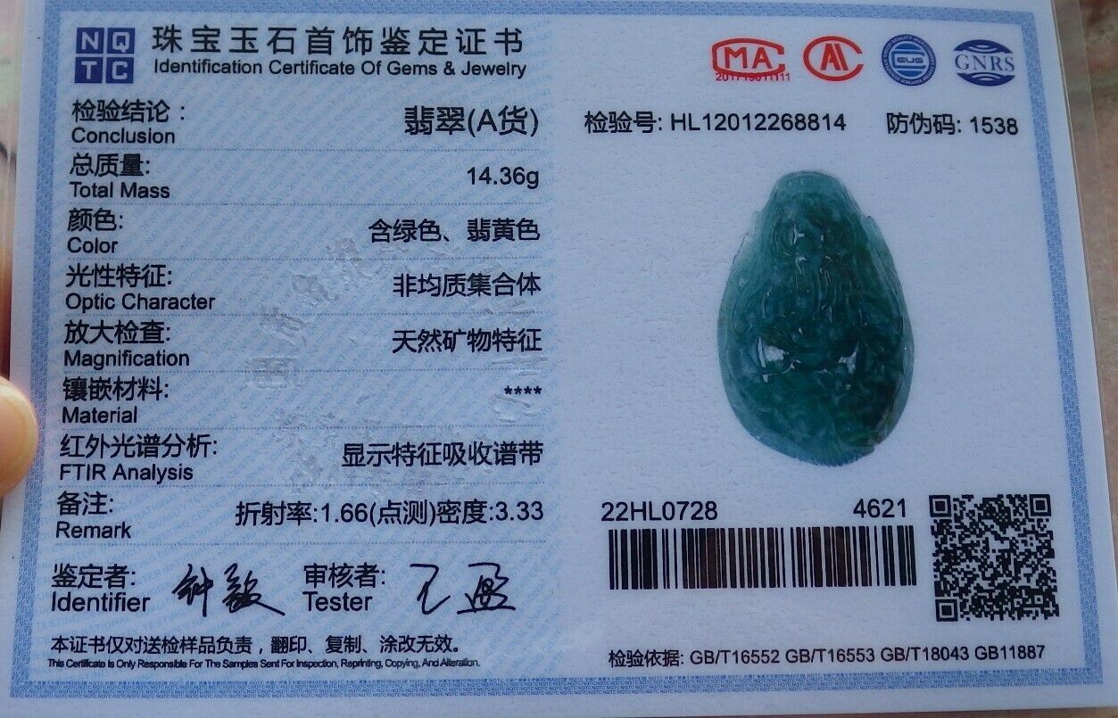 Certified Icy Green Burma 100% Natural A Jade jadeite Pendant Dragon Turtle Money Coin Necklace 龙龟 574784 TN
