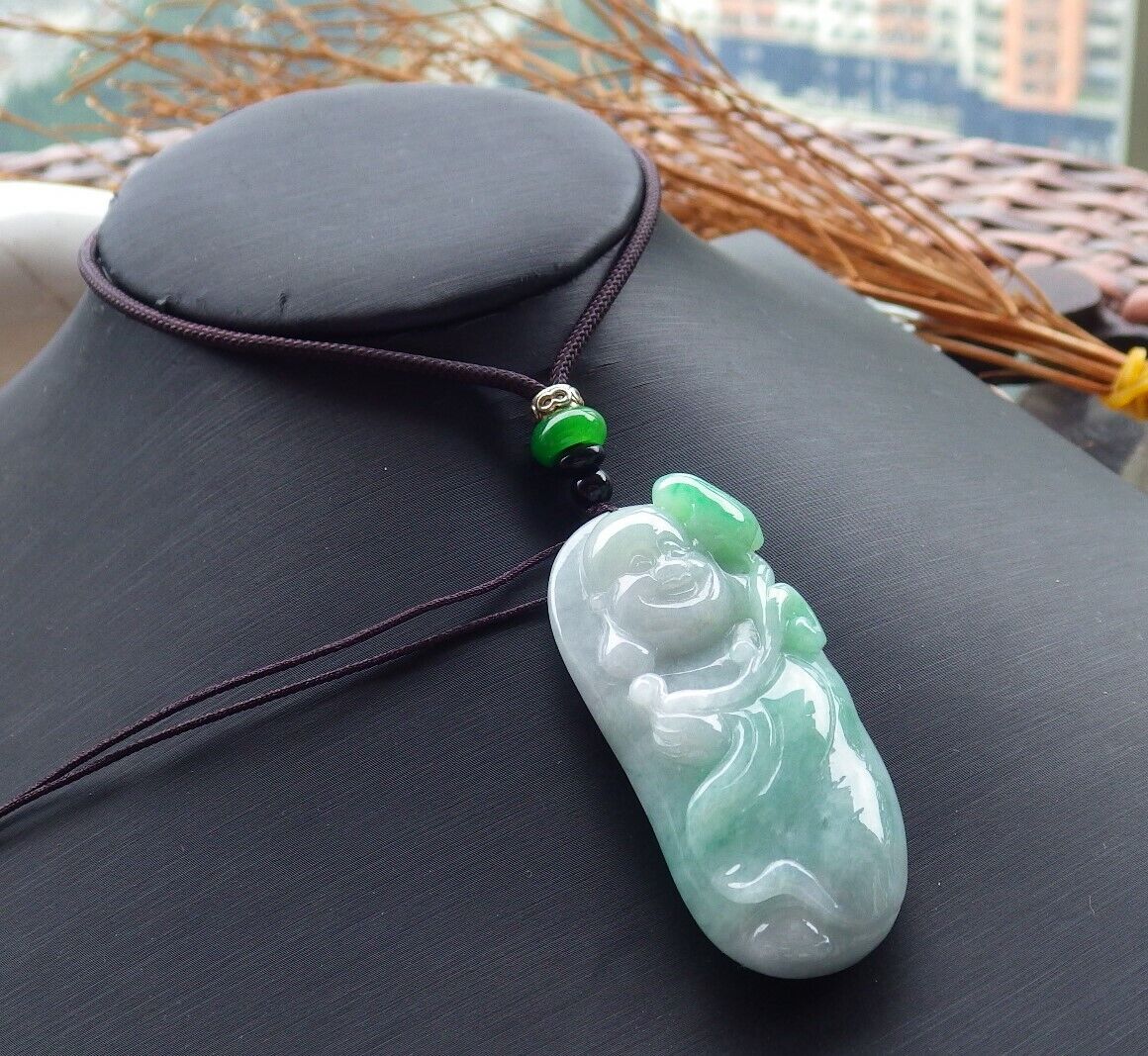 Certified Green 100% Natural A Jade jadeite pendant Happy Buddha God Necklace 开心佛 521299  TN