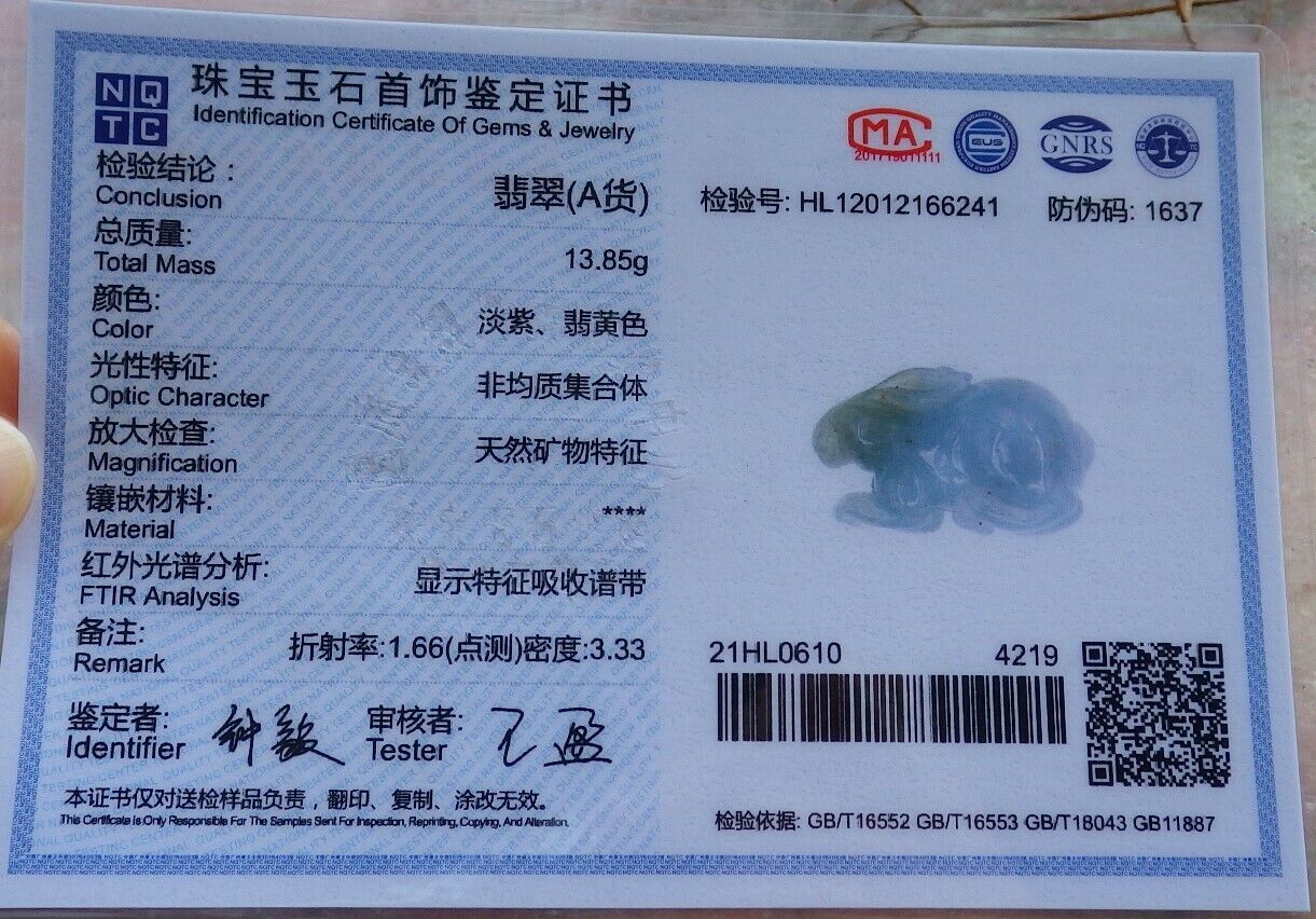 Certified Icy Yellow Pale Lavender 100% Natural A Jade jadeite Pendant Rabbit Necklace 兔子 526332  TN