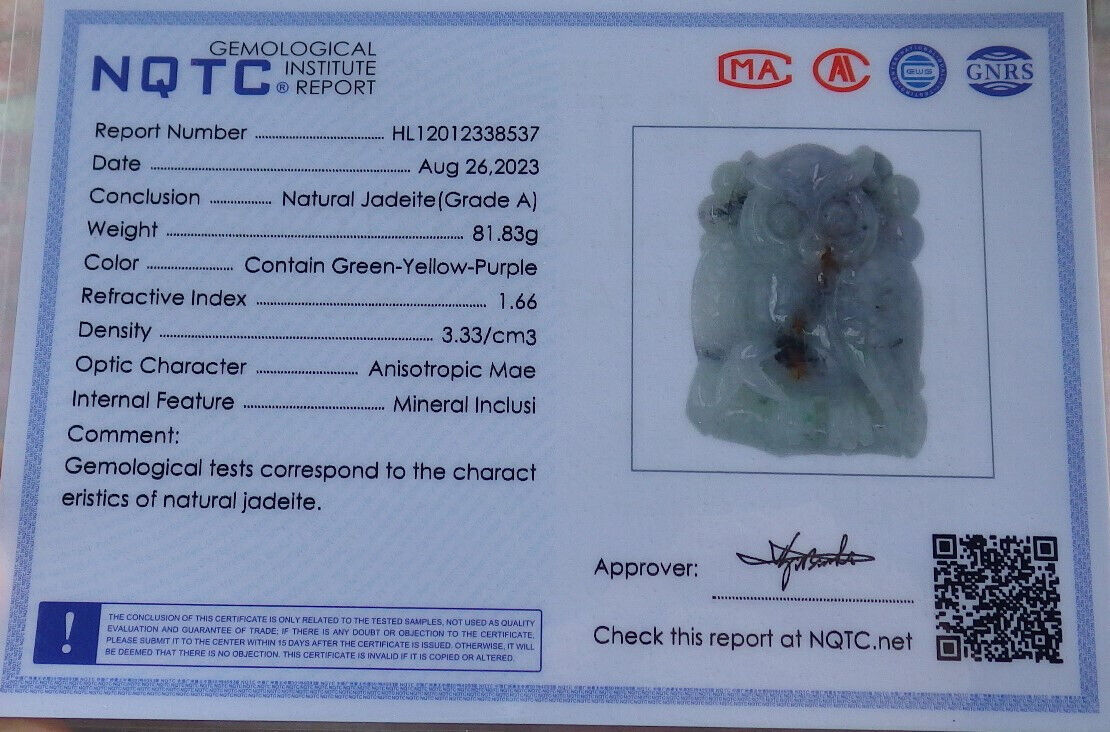 Certified Green Yellow Pale Lavender Burma 100% Natural A Jade jadeite Pendant Owl Coin Bamboo Necklace 猫头鹰 632911  TN