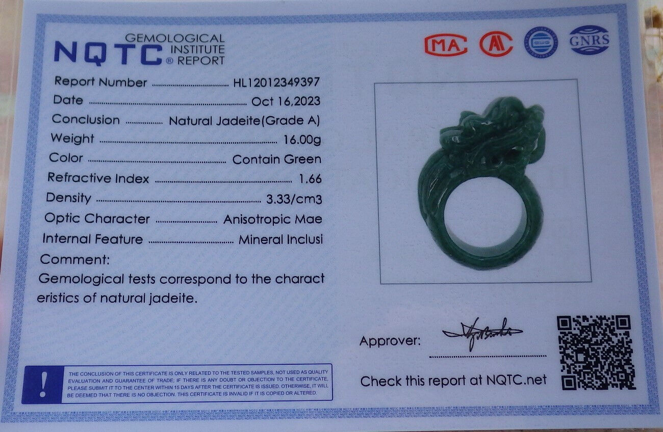 Certified Green Burma 100% Natural A JADE Jadeite Dragon RING USA. 6.5 龙戒指 636824  TN
