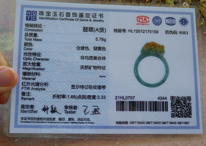 Certified Yellow Green 100% Natural A JADE Jadeite Dragon Pi Xiu RING USA. 9 戒指 529757  TN