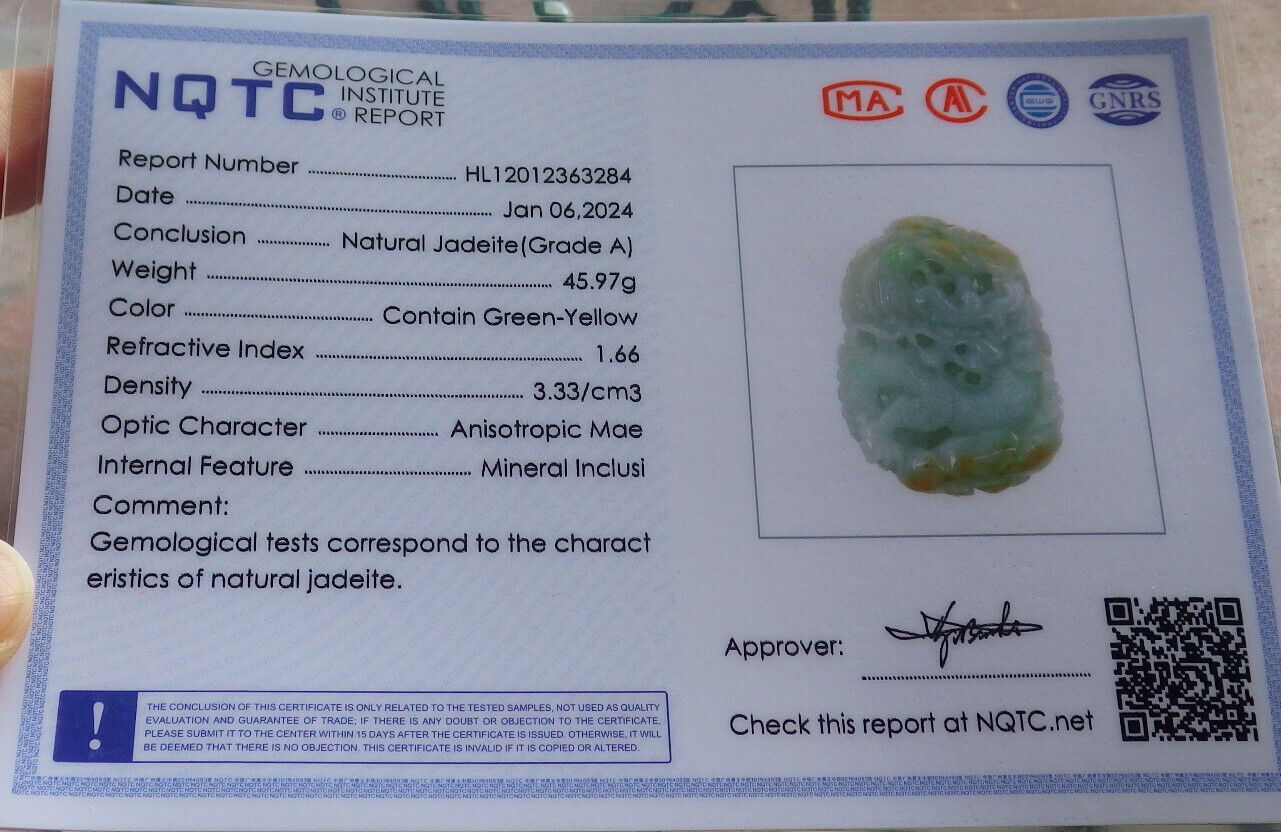Certified Yellow Green Burma 100% Natural A Jade jadeite Pendant Dragon Ruyi Bead Necklace 生意兴隆 646776 TN