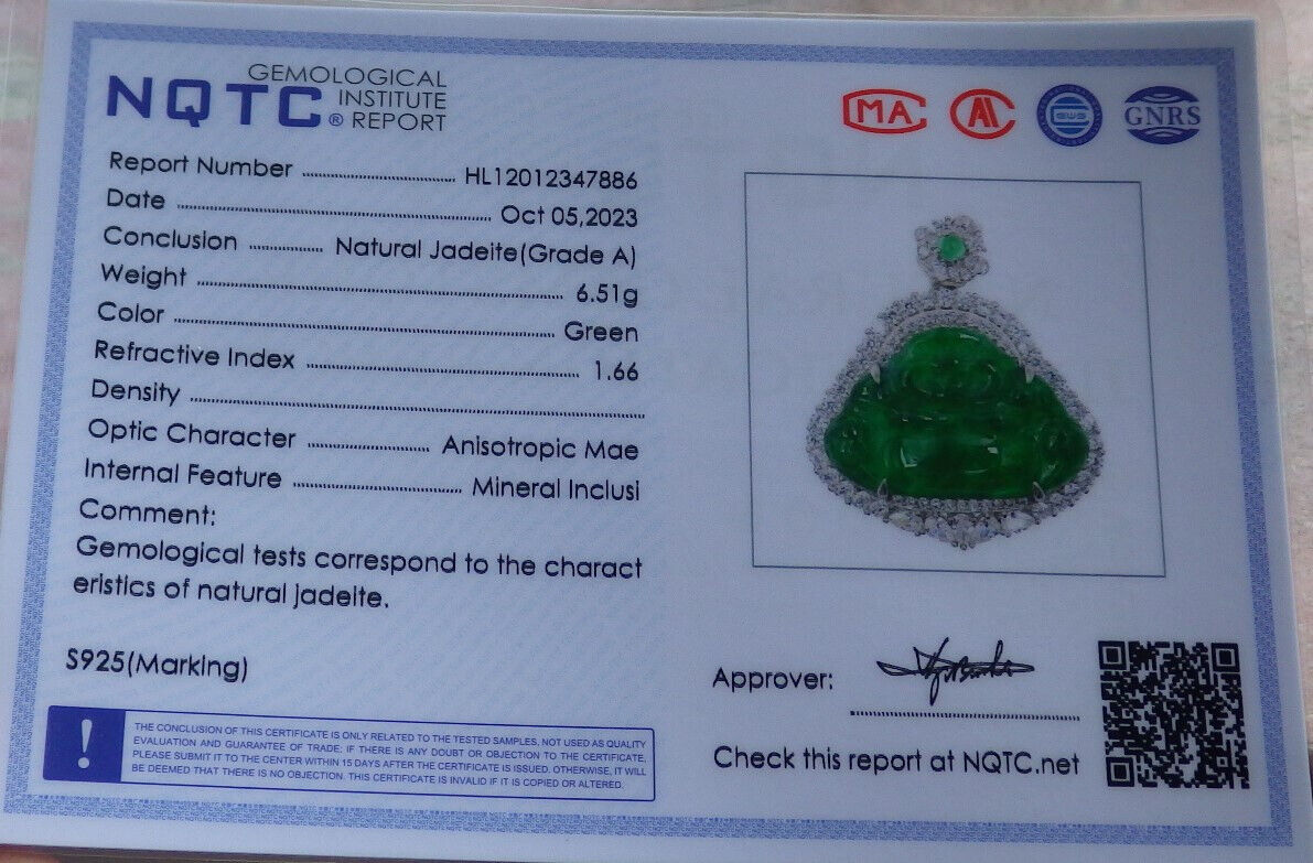 Icy Green Silver 925 Certified Burma 100% Natural A JADE Jadeite pendant Happy Buddha God Necklace 佛公 635186  TN