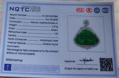 Icy Green Silver 925 Certified Burma 100% Natural A JADE Jadeite pendant Happy Buddha God Necklace 佛公 635186  TN